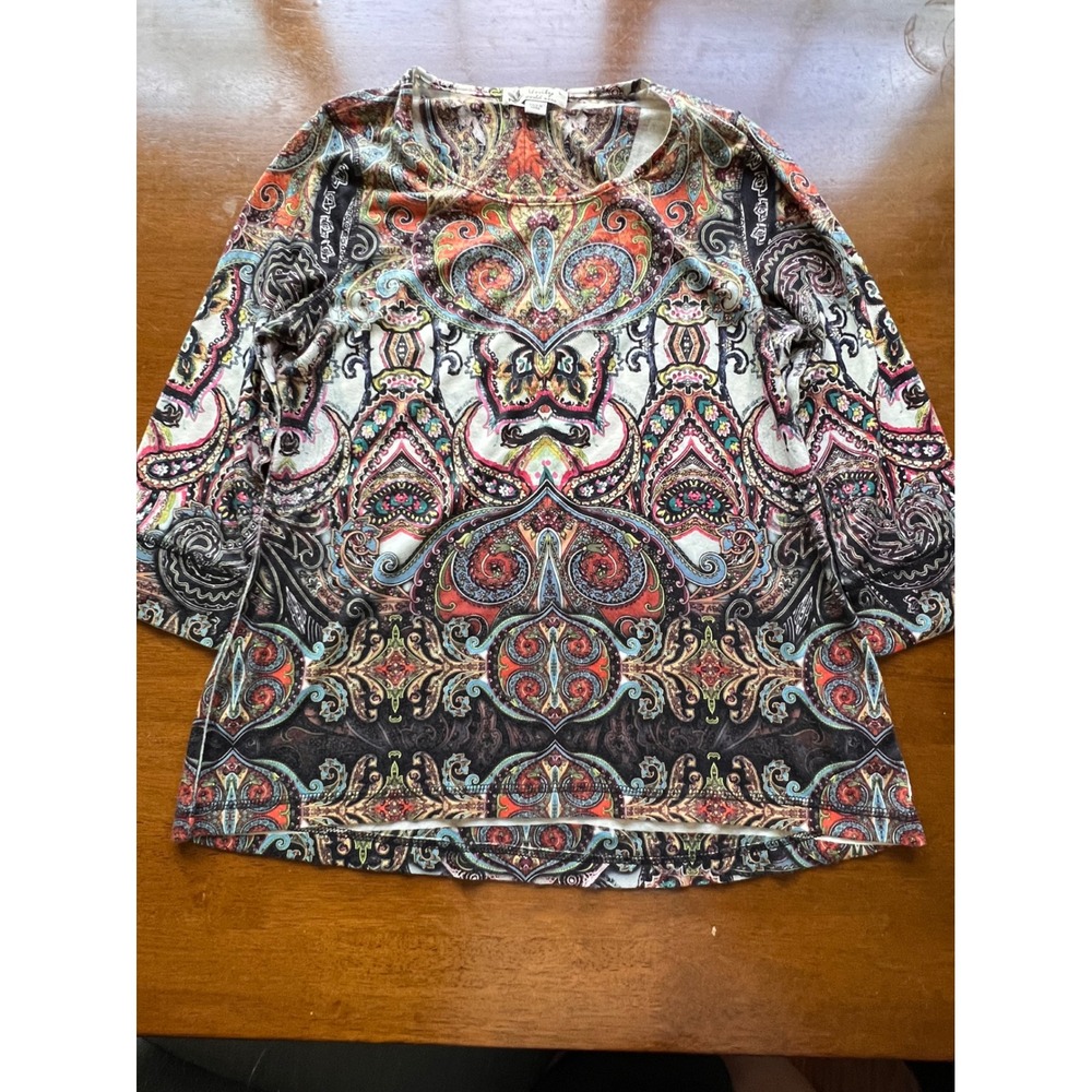 Unity World Wear Paisley Top Women Large Multicolor Excellent 3/4 Sleeve Stretch